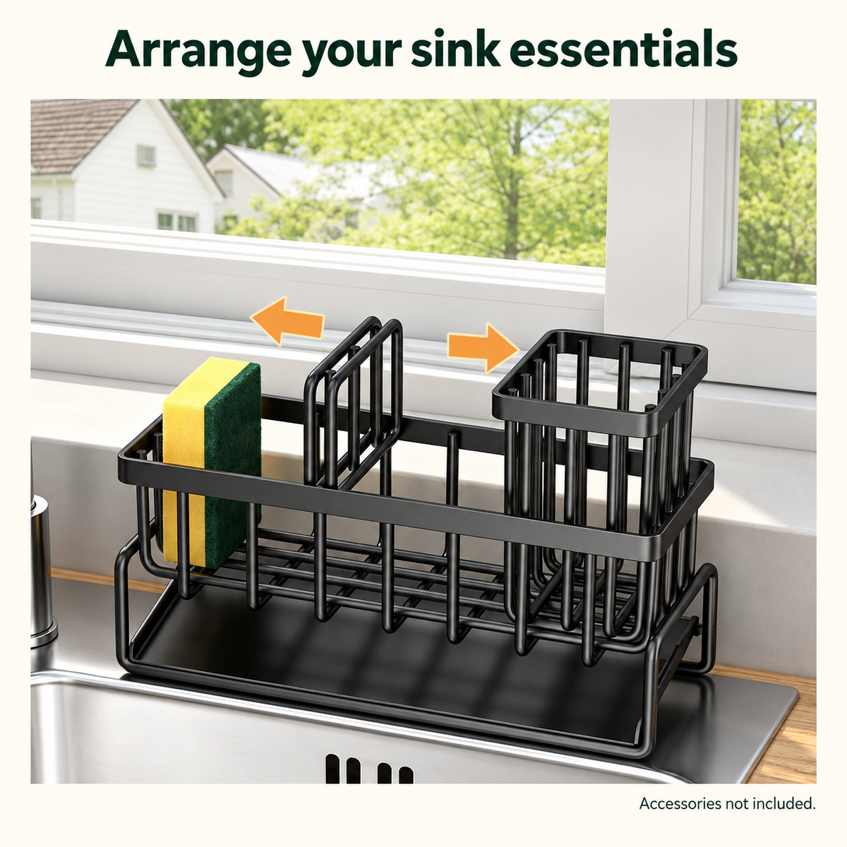 Kitchen Sink Caddy with Brush Holder & Dishcloth Bar – Black