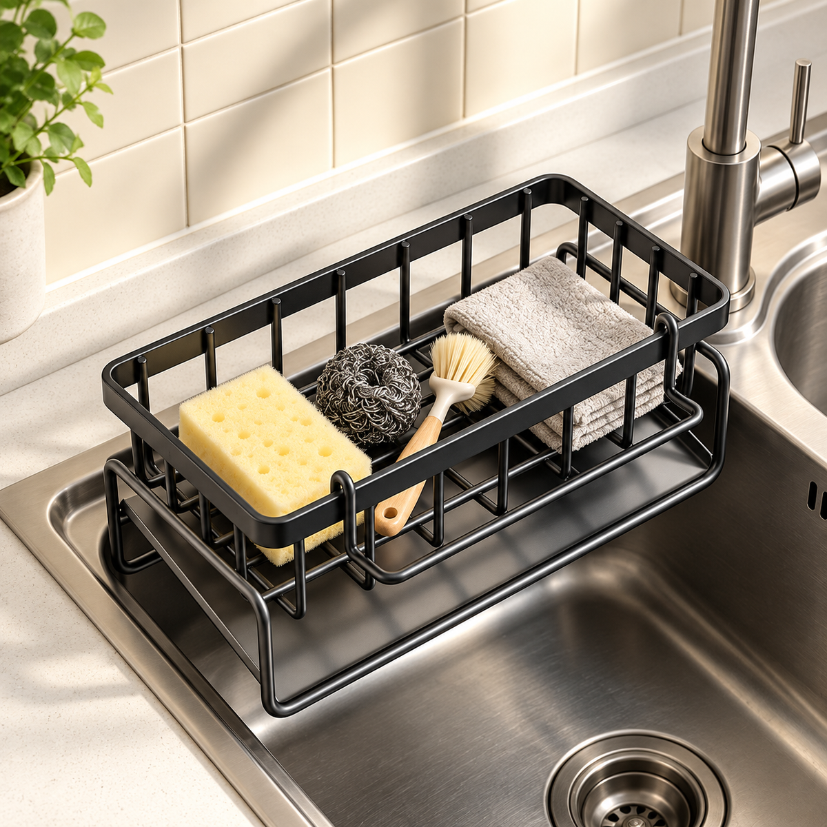 Kitchen Sink Caddy with Brush Holder & Dishcloth Bar – Black