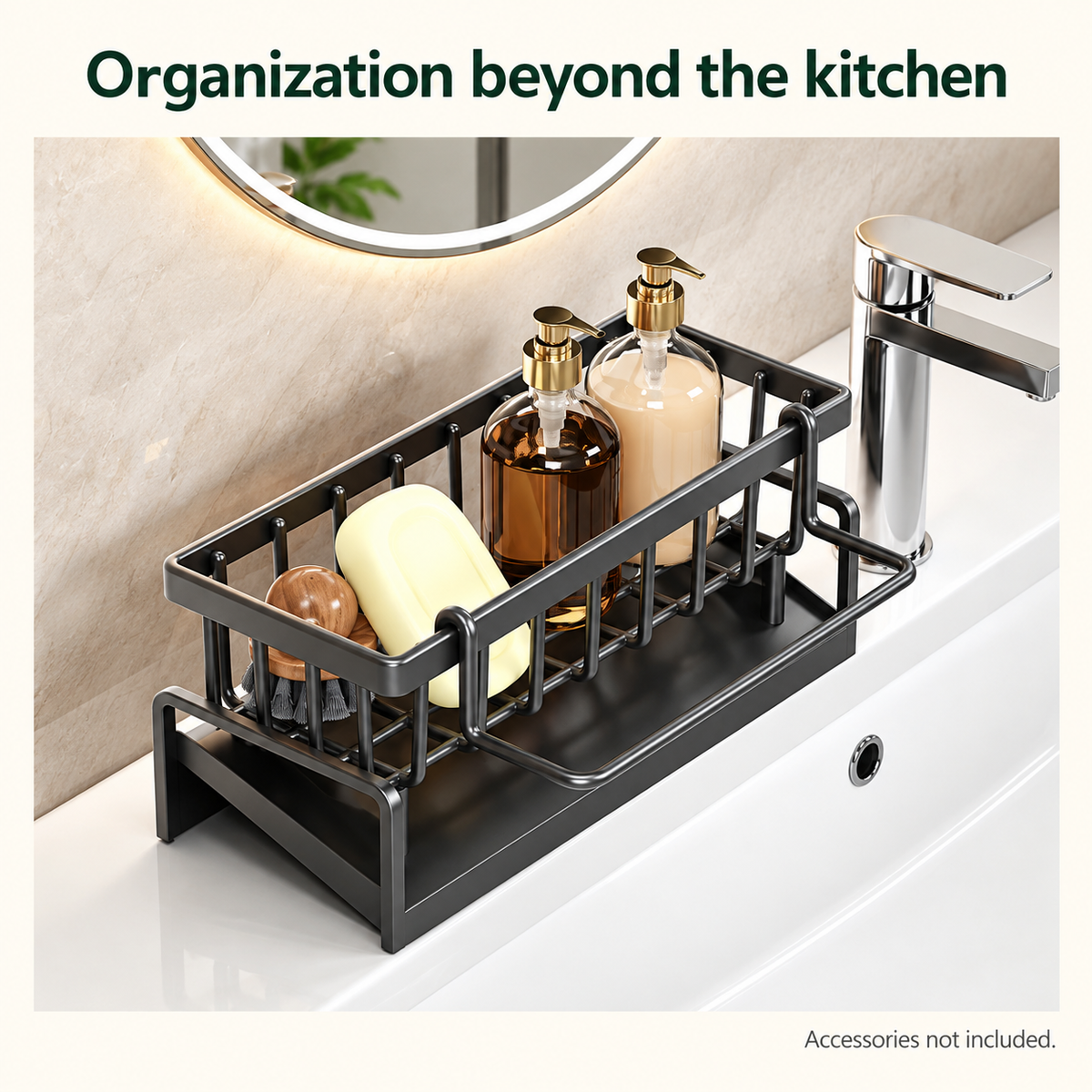 Kitchen Sink Caddy with Brush Holder & Dishcloth Bar – Black
