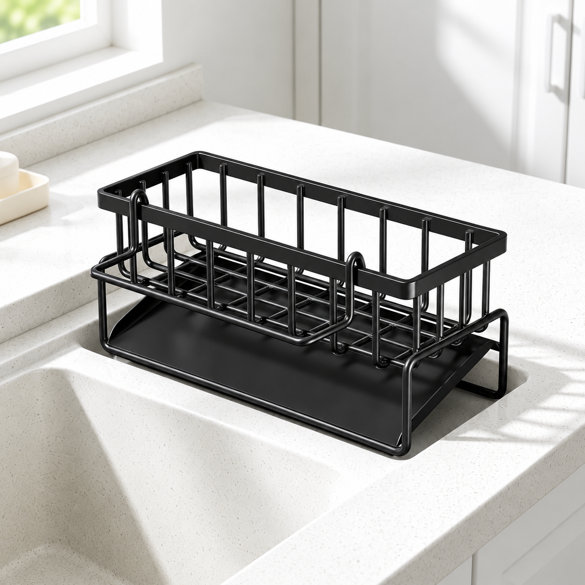 Kitchen Sink Caddy with Brush Holder & Dishcloth Bar – Black