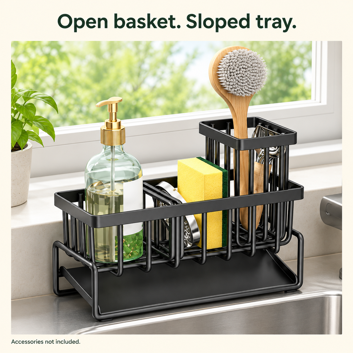 Kitchen Sink Caddy with Brush Holder & Dishcloth Bar – Black