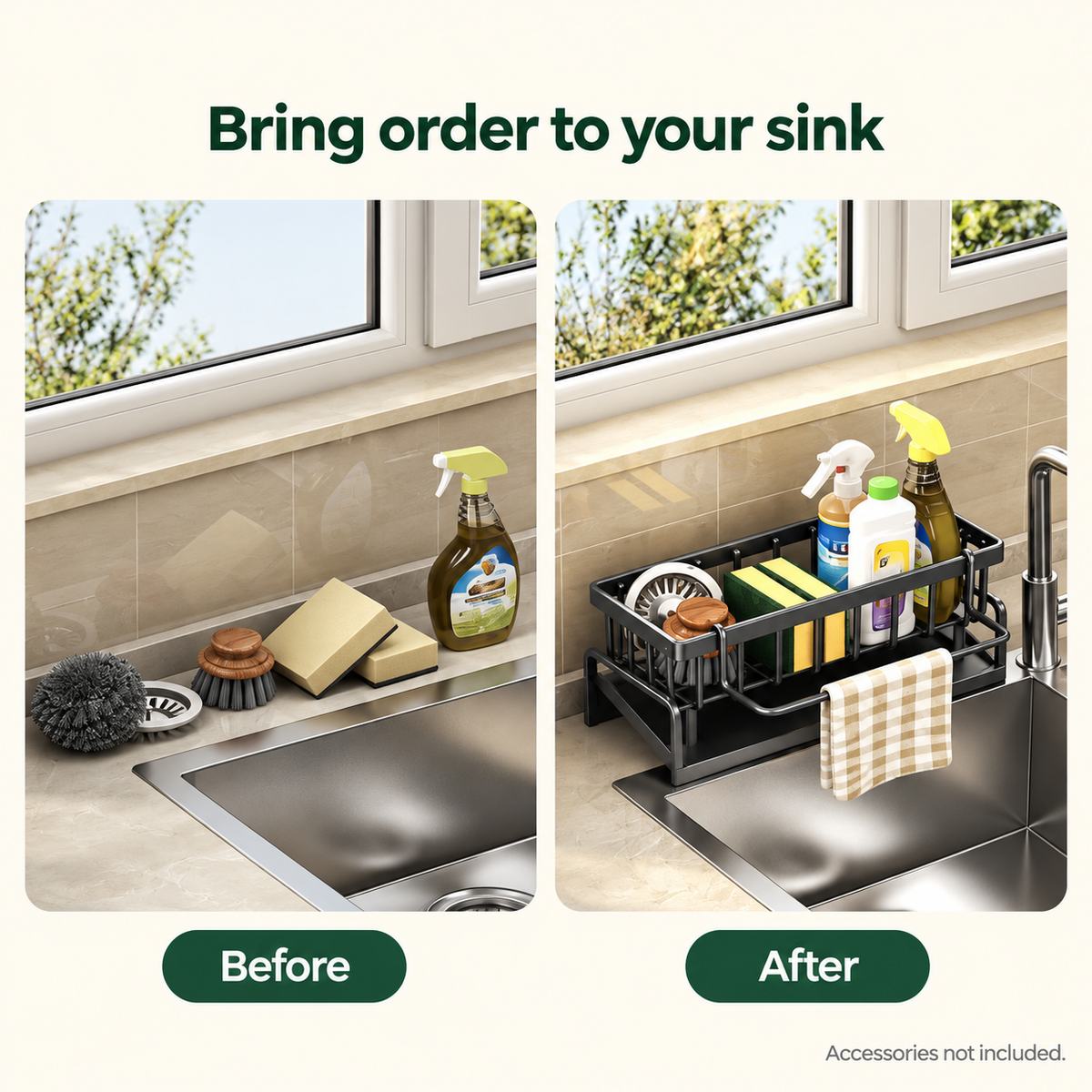 Kitchen Sink Caddy with Brush Holder & Dishcloth Bar – Black