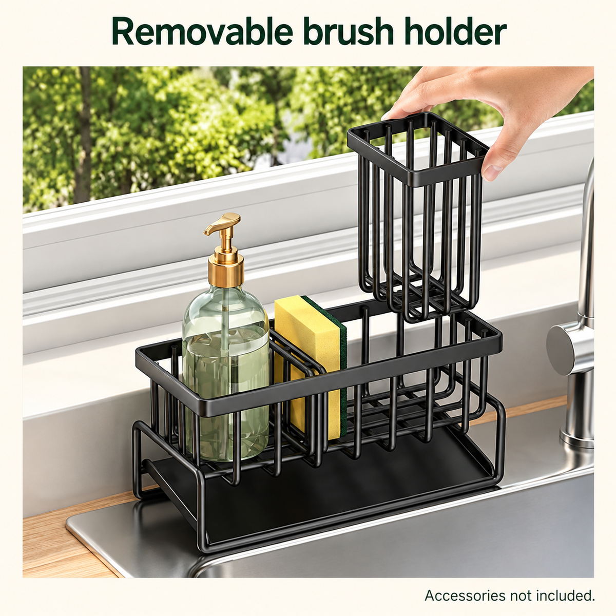 Kitchen Sink Caddy with Brush Holder & Dishcloth Bar – Black