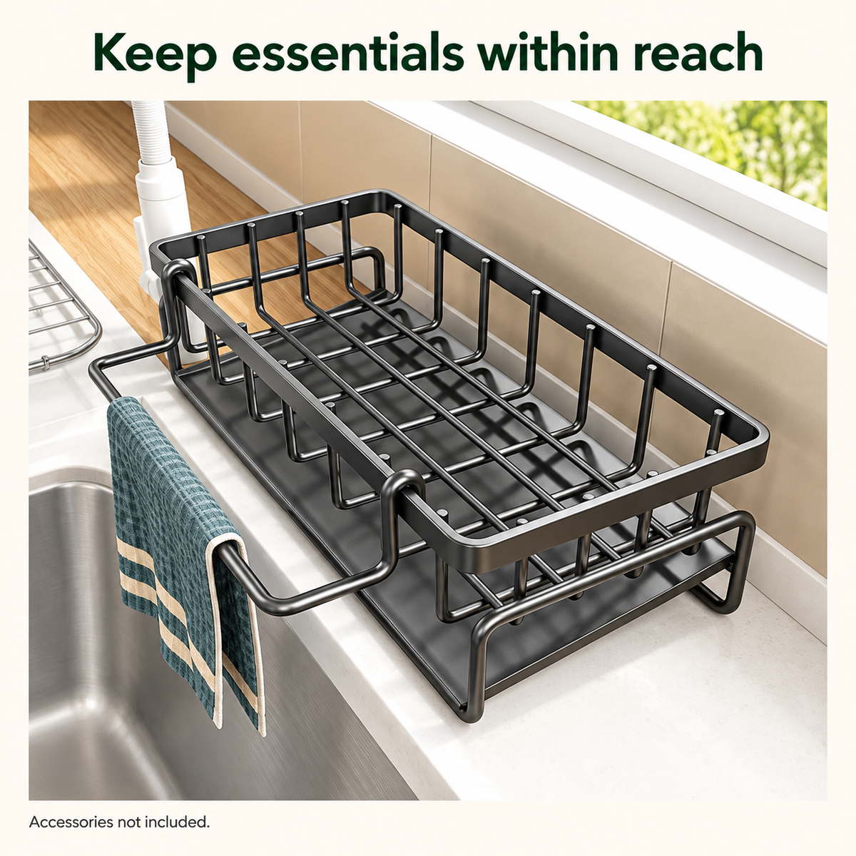 Kitchen Sink Caddy with Brush Holder & Dishcloth Bar – Black