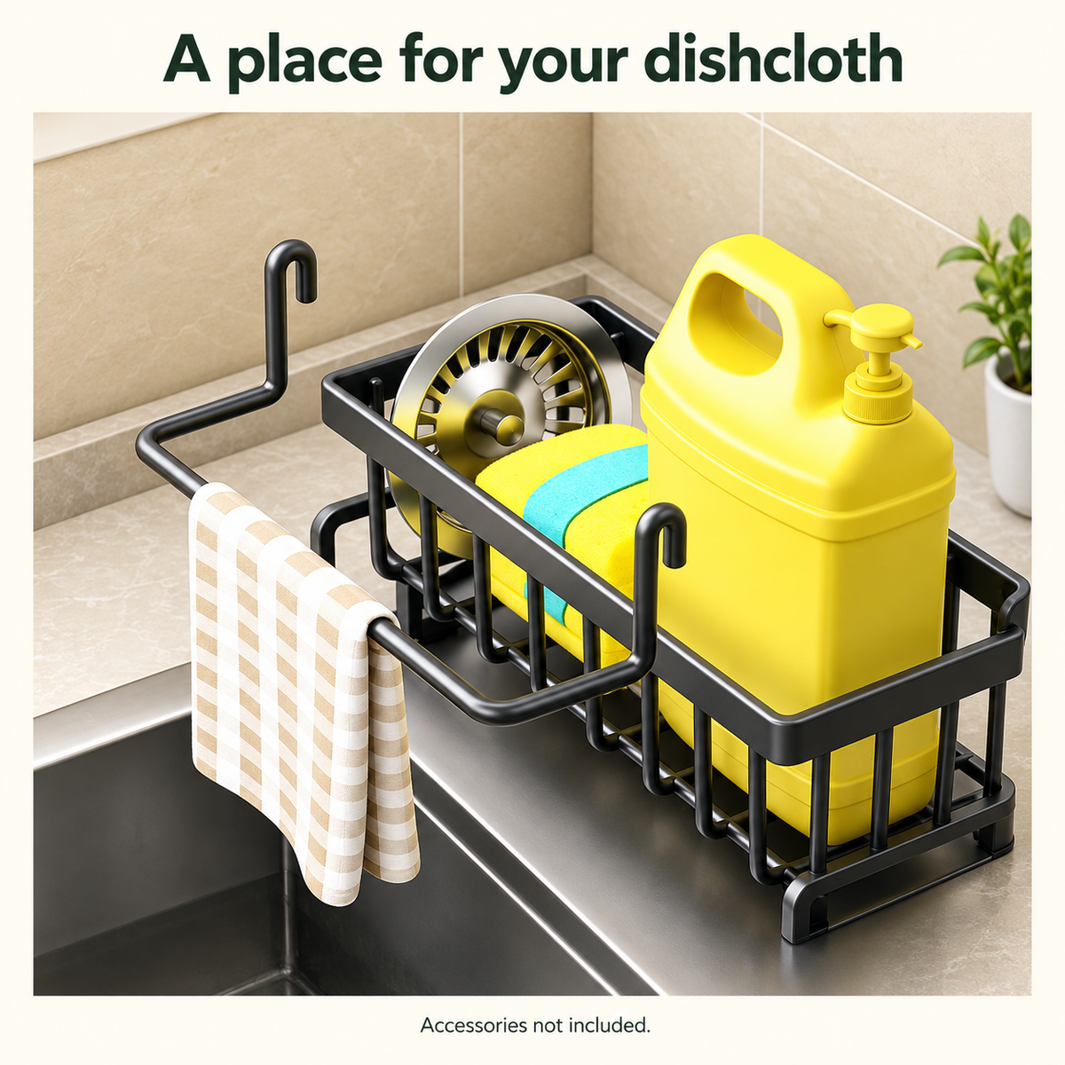 Kitchen Sink Caddy with Brush Holder & Dishcloth Bar – Black