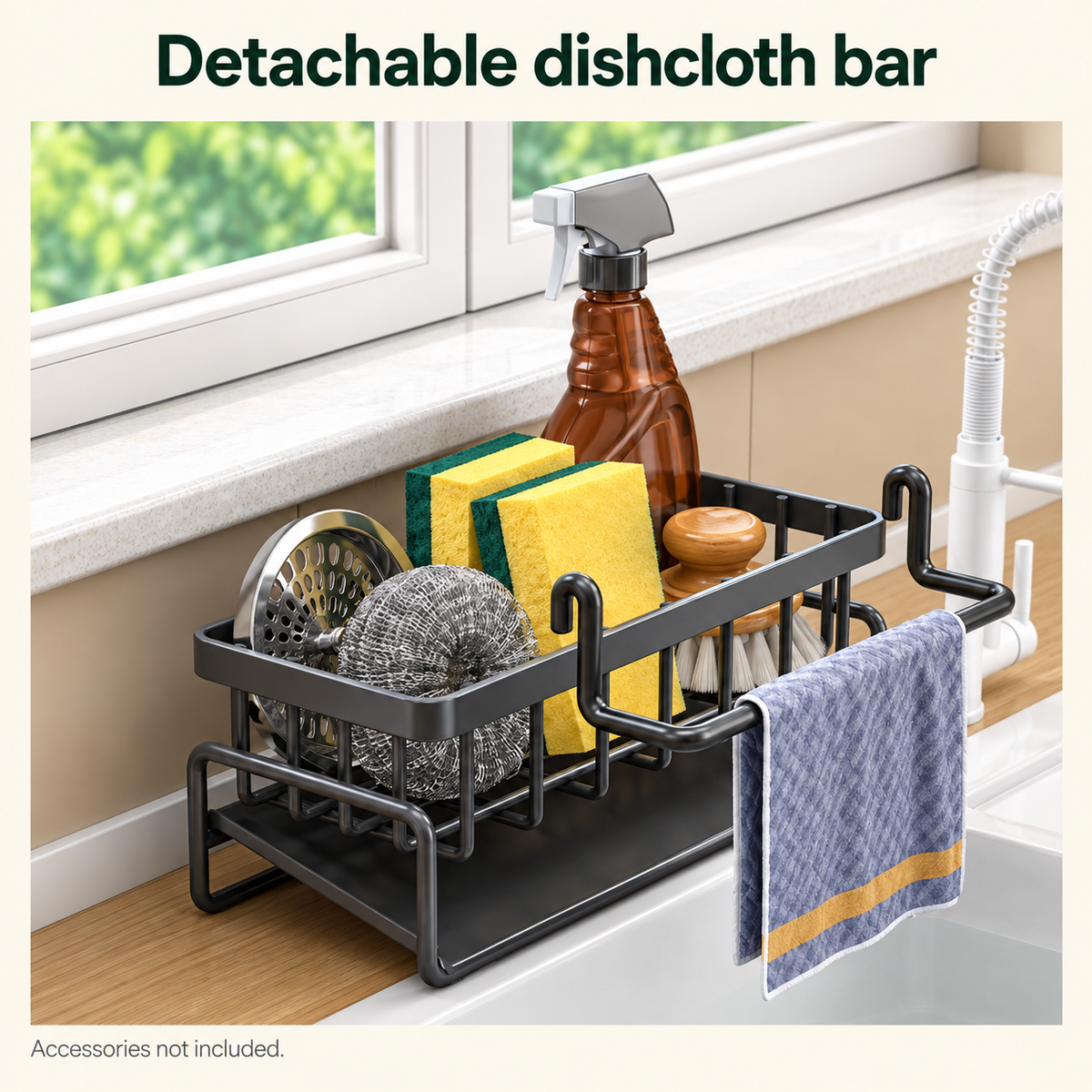 Kitchen Sink Caddy with Brush Holder & Dishcloth Bar – Black